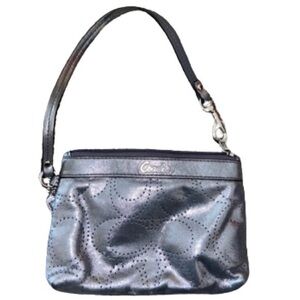 Coach signature C silver pewter metallic leather wristlet clutch